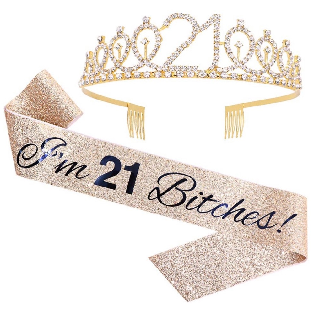 21st Birthday Rhinestone Crown/ Glitter Sash